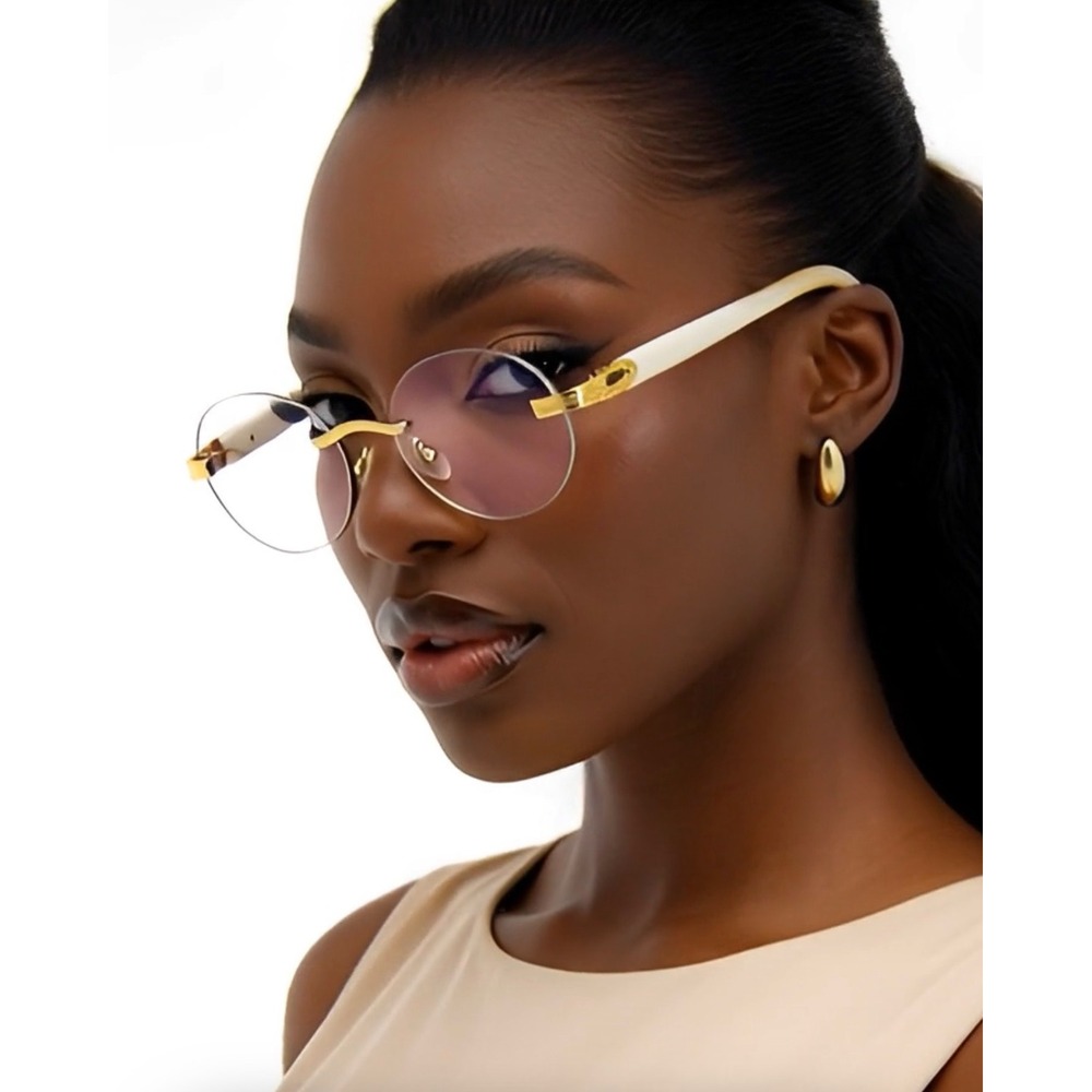 Rimless Round Glasses Gold Accents Marble Wood Grain Arm Designer Style Eye Wear